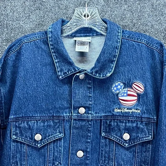 Vintage Walt Disney World Denim Jacket Mickey Mouse USA Flag Embroidered Adult M